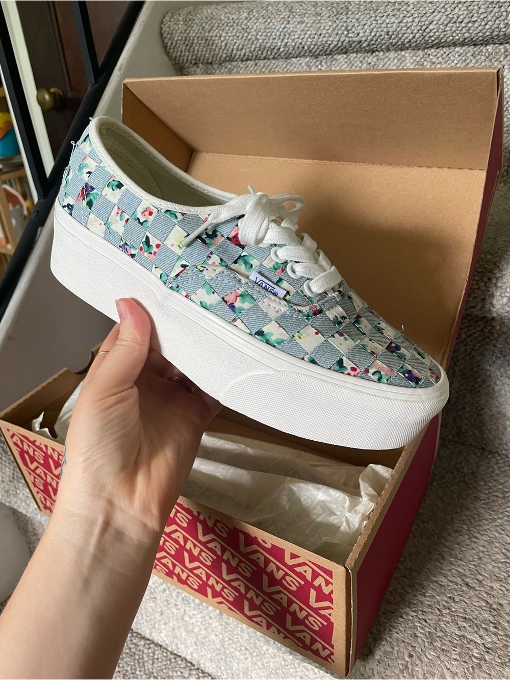 Vans Stackform Blue Floral Denim Multi Checkerboard Platform Sneakers sz 8 NWT